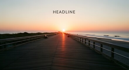 Wooden boardwalk leading to the ocean at sunrise with warm golden light reflecting on the wet planks and gentle waves