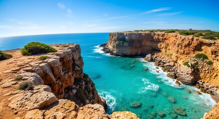 Dramatic coastal cliffs carved by turquoise ocean waves under a bright blue sky showcasing a breathtaking natural landscape