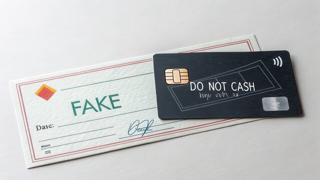 Fake Check and Card Displaying Warning Against Cashing Fraudulent Items