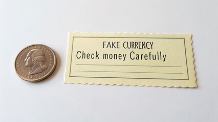 Fake Currency Note and Coin with Warning to Check Money Carefully