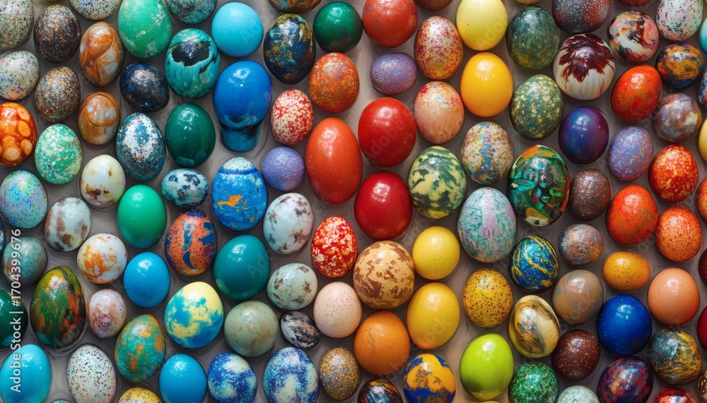 Poster the image shows many painted eggs in various colors and patterns, closely arranged together on a neu