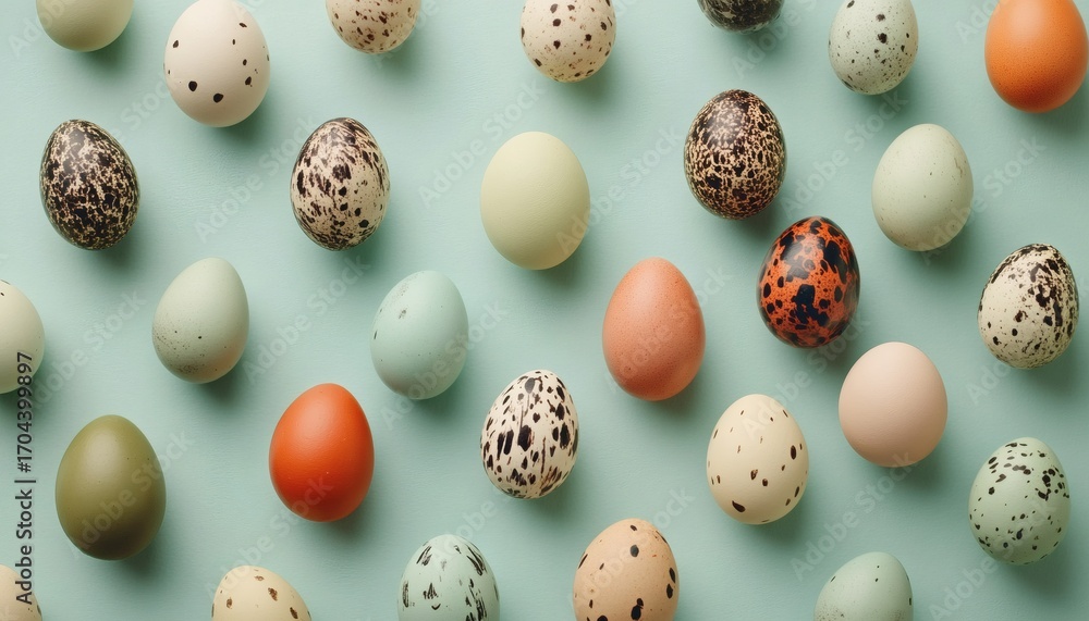 Poster many different colored eggs with speckles are arranged on a teal background in a repeating pattern.