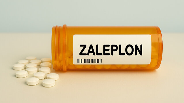 Box of ZALEPLON tablets on a hospital pharmacy table used to treat insomnia a sedative hypnotic.