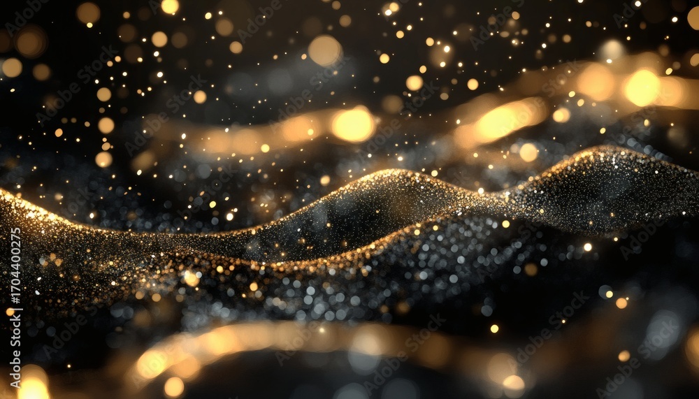 Poster the illustration shows a dark background with glittering gold and black particles forming wavy patte