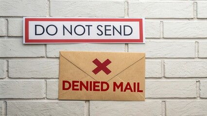 Obraz premium Warning Sign and Envelope with Denied Mail Notice on Wall