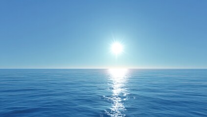 Obraz premium A serene, vibrant scene displays a vast expanse of calm ocean waters under a clear, brilliant sky, highlighting the sun's radiant presence above.
