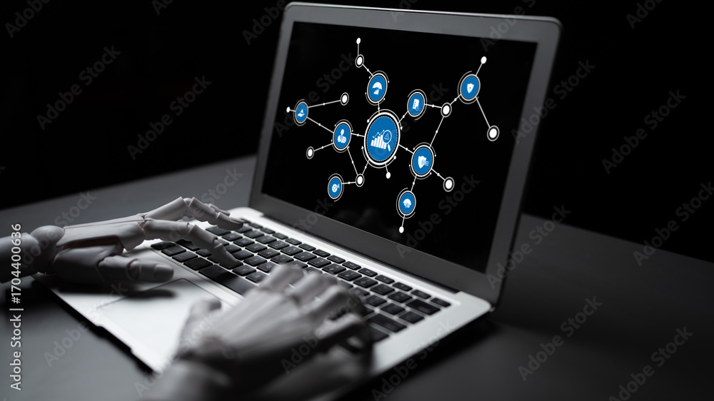 Aufkleber a robotic hand types on a laptop displaying digital icons representing technology and connectivity, 