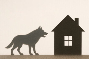 The shadow of a wolf in front of the house, a threatening composition. Space for text.