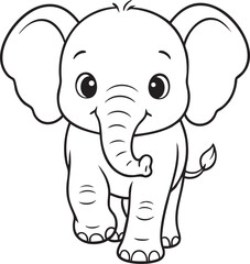 Cute chibi baby elephant with big ears playful smile coloring page outline illustration