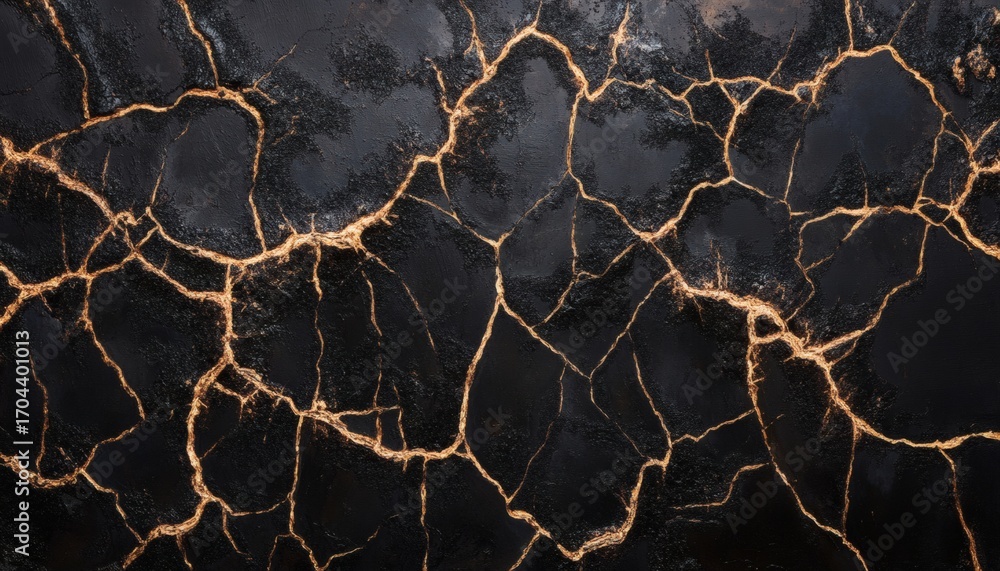 Poster the image shows a detailed close-up of a dark surface with a network of thin, gold-colored cracks sp
