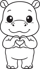 Cute chibi hippo holding hands in heart shape lovely expression coloring page outline illustration