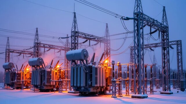 Electric power utility substation with transformers covered in fresh snow during winter twilight, electricity transmission footage.