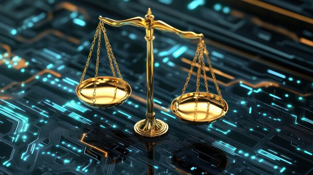 Scales of justice on circuit board digital law concept