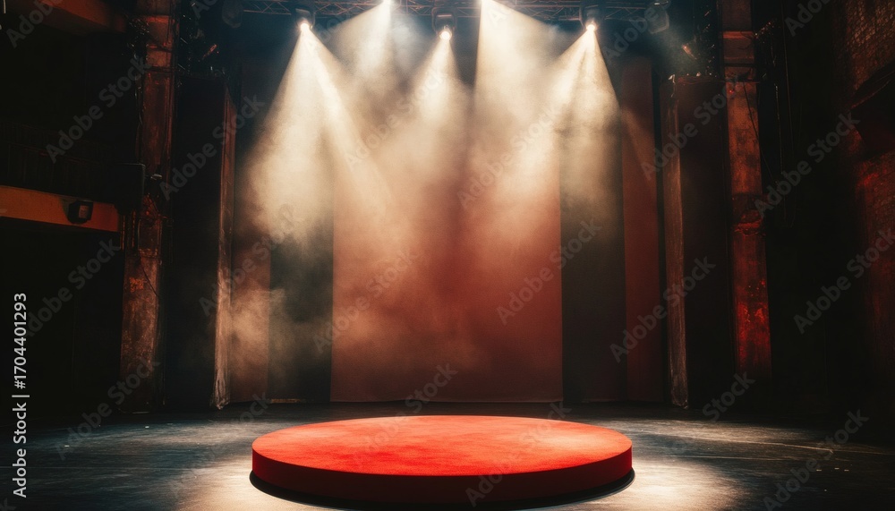 Poster a circular red platform sits center stage in a dark theater; three spotlights illuminate the stage, 