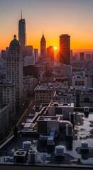 Obraz premium A vibrant cityscape at sunrise, showcasing towering structures and a warm golden light, with rooftop mechanical systems adding an urban industrial touch.