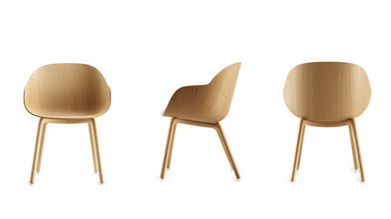 Fototapeta premium Wooden Chair in Front, Side, and Back Views on white