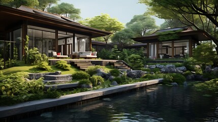 Obraz premium Elegant contemporary home design nestled amidst a serene landscape with pond view retreat