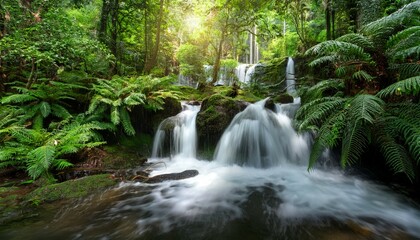 Obraz premium Enchanting Cascade Waterfalls Descend Through Lush Verdant Forest Ambiance Providing Scenic Charm