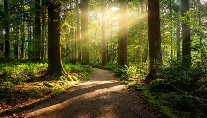 Obraz premium Enchanted Forest Path A Serene Pathway Meanders Through A Sun Dappled Forest Casting An Ethereal Glow Upon The Towering Trees Evoking A Sense Of Mystery And Wonder