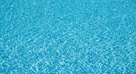 Sparkling blue swimming pool water texture with mosaic tiles and sun reflections for summer vacation resort design and backdrop