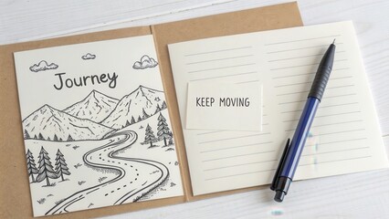 Hand-Drawn Journey Illustration with Pen and Blank Note Card