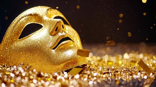 Glimmering gold mask amidst falling confetti and sparkles in motion