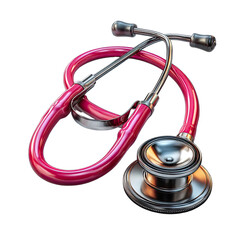 A crimson red stethoscope, metallic parts, coils and earpieces