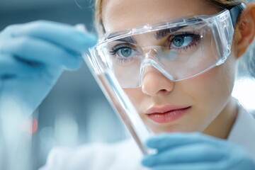 Female scientist in protective eyewear examines test tube with focused expression, showcasing dedication to research and innovation in a laboratory environment