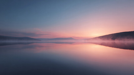 Obraz premium Serene landscape with a calm lake reflecting pastel dawn hues and distant mountains. Evokes tranquility, peace, stillness. Ideal for wellness or mindfulness projects.