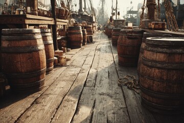 Abandoned rum barrels scattered across ship deck