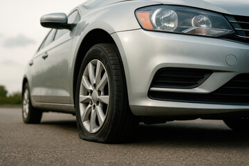 Fototapeta premium A silver car with a punctured front wheel.