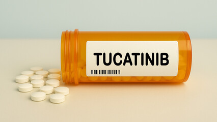 Box of TUCATINIB tablets on a hospital pharmacy table used to treat HER2 positive breast cancer a...