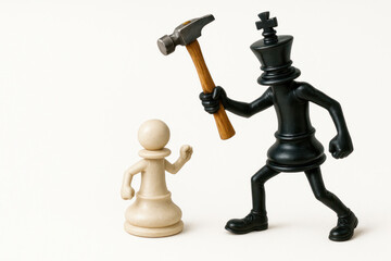 A black chess piece is a king with a hammer against a white pawn. Space for text.
