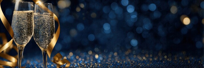 Celebration toast with champagne long wide banner frame. Copy space for text, logo, promo. Happy new year two glasses of wine and confetti. Party goblets filling golden glittering on blue background