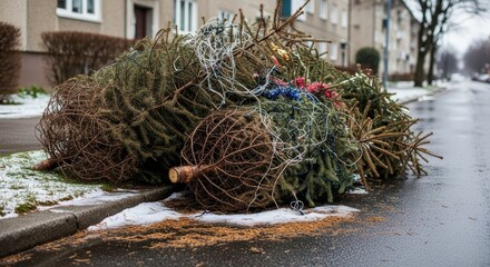 Naklejka premium pile of discarded Christmas trees lies on city sidewalk after the holidays. sad and wasteful scene, aftermath of festive season, end of Christmas, consumerism, need for recycling and sustainability