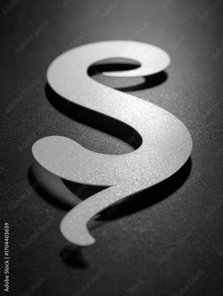 Poster abstract silver snake design on a dark textured surface emphasizing curves and shadows