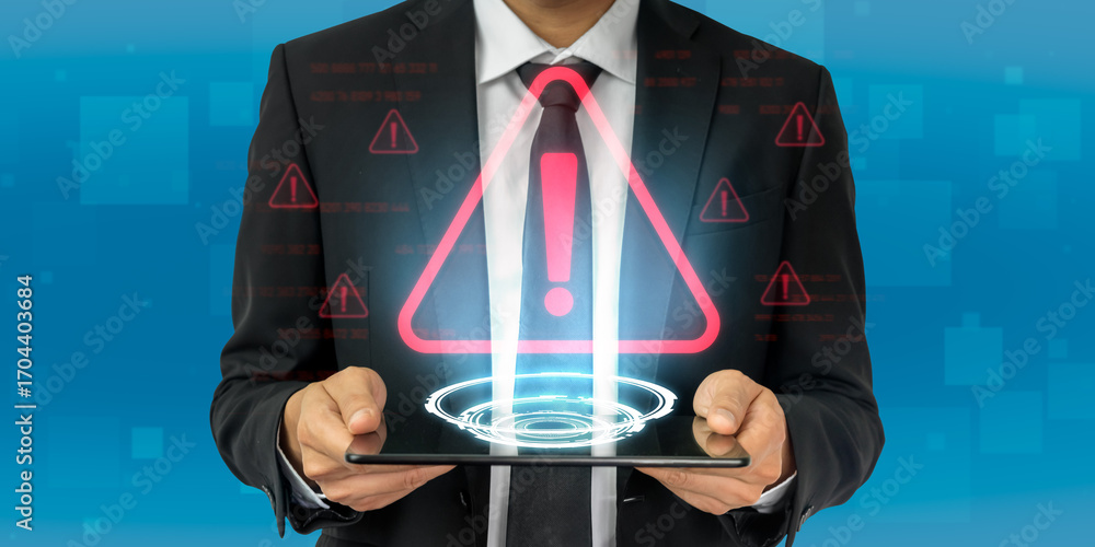 Poster cybersecurity alert warning showing red cyber for data breach, network threat, and cyber security sy