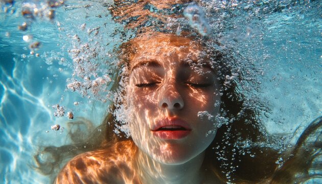 The photo shows a young woman's face underwater with bubbles around her, and sunlight refracting through the water illuminating her face. - Powered by Adobe