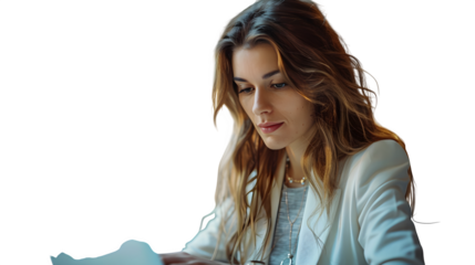 Close up shot successful entrepreneur her early 30s subtle jewelry typing laptop in clear view with natural colors and sharp focus on a plain background. Simple clean style for stock use in print and