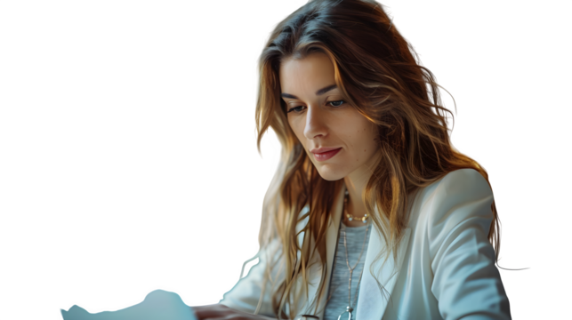 Close up shot successful entrepreneur her early 30s subtle jewelry typing laptop in clear view with natural colors and sharp focus on a plain background. Simple clean style for stock use in print and - Powered by Adobe