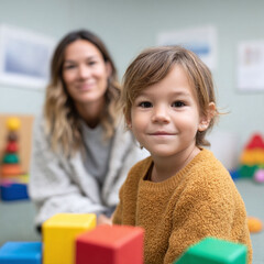 Obraz premium A joyful child plays with colorful blocks, watched by a caring adult. Represents early learning, development, family, and education. Ideal for parenting, childcare, or educational content.
