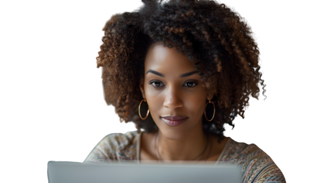 Close up shot successful entrepreneur her early 30s subtle jewelry typing laptop in clear view with natural colors and sharp focus on a plain background. Simple clean style for stock use in print and
