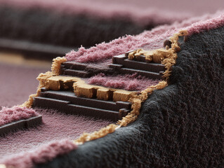 Abstract, textured landscape. Geometric forms create depth, suggesting layers and erosion. Ideal for conceptual designs, tech backgrounds, or textures.