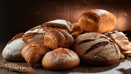 Delicious Variety Of Fresh Baked Bread On Wooden Surface Still Life