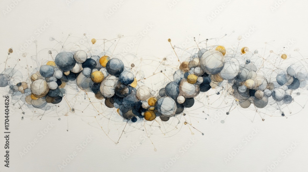 Poster colorful abstract artwork featuring clusters of spheres and connecting lines in a flowing pattern