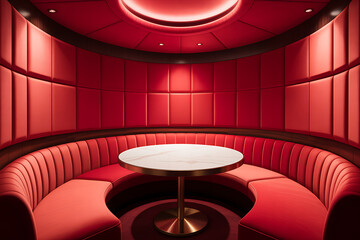 Luxurious red velvet booth seating with a round marble table in a dimly lit intimate restaurant or bar setting