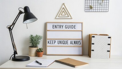 Stylish desk setup with guide sign, plants, and decorative elements