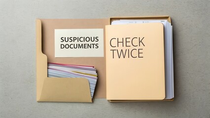 Obraz premium Organized Folder of Suspicious Documents with Warning Label Check Twice
