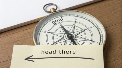 Vintage Compass with Goal Setting Note on Wooden Desk Surface