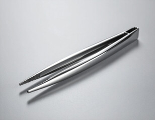 Stainless Steel Tweezers with Serrated Tips on Gray Background, Close-Up